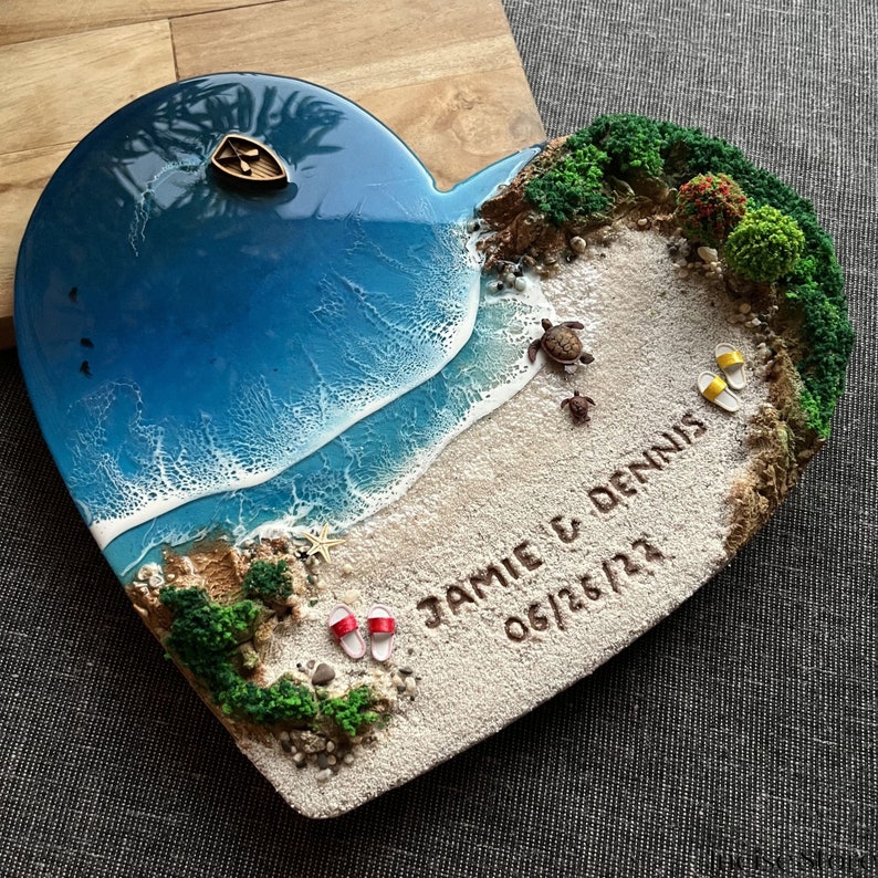 Epoxy Resin Sea Heart, Seascape, Resin Ocean Wall Art, Recreate your favorite beach, Name on sand image 1