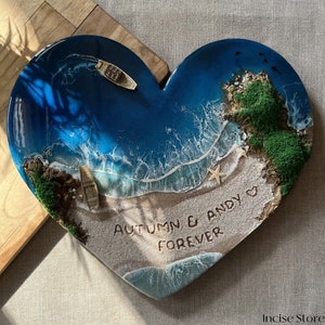 Epoxy Resin Sea Heart, Seascape, Resin Ocean Wall Art, Recreate your favorite beach, Name on sand image 6