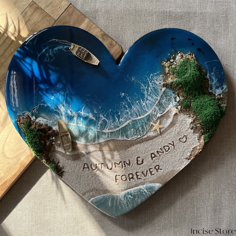 Epoxy Resin Sea Heart, Seascape, Resin Ocean Wall Art, Recreate your favorite beach, Name on sand image 6