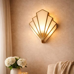 Handmade Brass Milky Glass Wall Sconce – Geometric Art Deco Light Shell Sculptural Wall Lamp