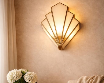 Handmade Brass Milky Glass Wall Sconce – Geometric Art Deco Light Shell Sculptural Wall Lamp