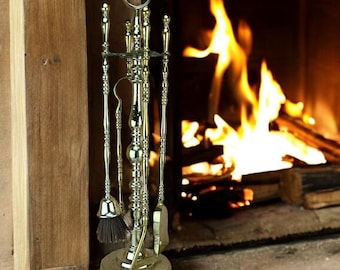 Unlacquered Brass Fireplace Tools – Handmade Antique Gold Hearth Accessory Ornate