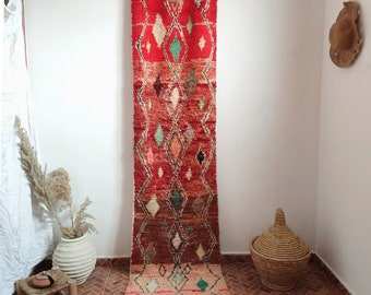 Vintage Red Berber Runner Rug: Moroccan Wool Carpet, 2.3ft x 13.8ft