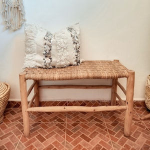 Moroccan Bench Stool Chair Wood And Rattan Palm Leaves Beldi Traditional Bali Style