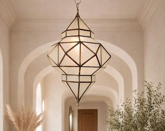 Handmade Moroccan Diamond Pendant Lamp – Milky & Clear Glass Geometric Light