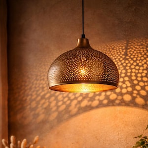 Handmade Brass Perforated Pendant Lamp – Moroccan Hole-Pattern Light, Warm Shadow Projection & Cozy Atmosphere Lighting