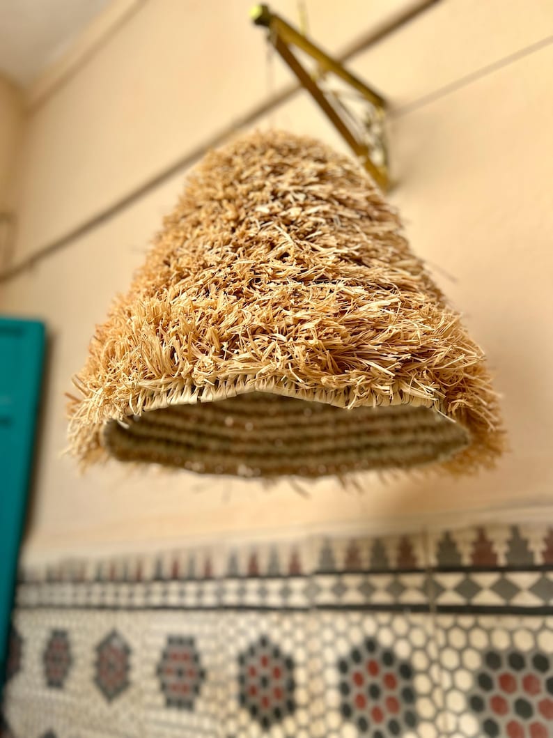 May include: A natural fiber pendant light fixture. The lampshade is cone-shaped, with a woven base and a shaggy, textured exterior. The light fixture is suspended from a brass-colored arm attached to the wall. The overall color palette is neutral, with beige and brown tones.