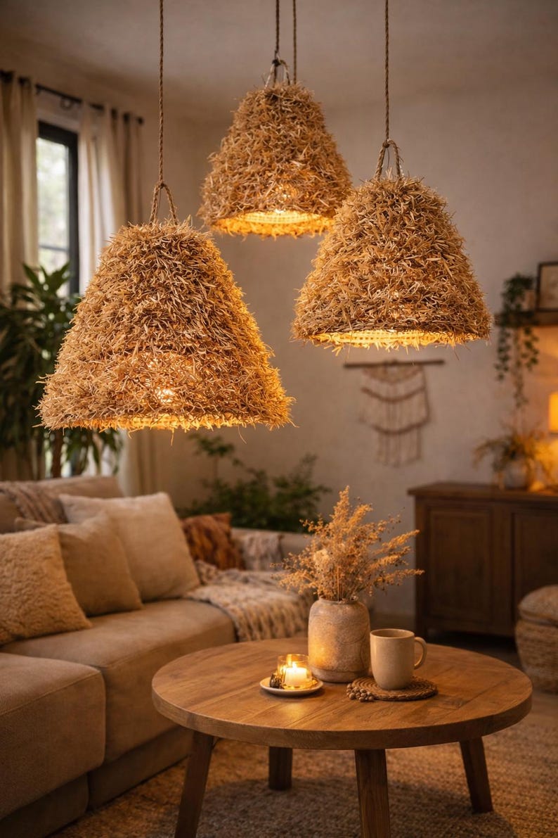 May include: Three pendant lights with conical, textured, straw-like shades hang from the ceiling. The warm, neutral tones of the lamps complement the cozy living room setting, which includes a sofa, coffee table, and decorative items.
