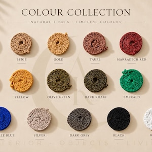 May include: A collection of seventeen circular coils of rope arranged in three rows. Each coil is labeled with its color name, including Creamy White, Beige, Gold, Taupe, Marrakech Red, Light Copper, Orange, Yellow, Olive Green, Dark Khaki, Emerald, Light Blue, Majorelle Blue, Silver, Dark Grey, Black, and White.