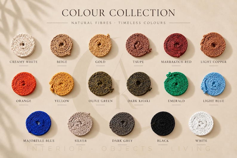 May include: A collection of seventeen circular coils of rope arranged in three rows. Each coil is labeled with its color name, including Creamy White, Beige, Gold, Taupe, Marrakech Red, Light Copper, Orange, Yellow, Olive Green, Dark Khaki, Emerald, Light Blue, Majorelle Blue, Silver, Dark Grey, Black, and White.