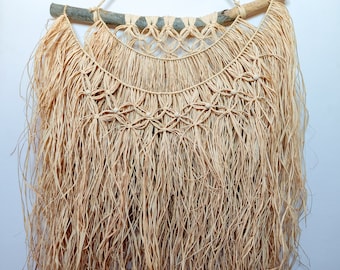 Raffia Wandbehang Dekoration Makramee Perlen Naturholz Handgemacht Marokkanisch
