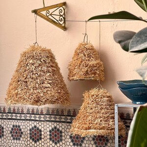 May include: Three straw lampshades of varying sizes hang from the ceiling. The lampshades are cone-shaped and made of a light brown, textured material. A decorative metal bracket is mounted on the wall. The background features patterned tiles and a glimpse of greenery.