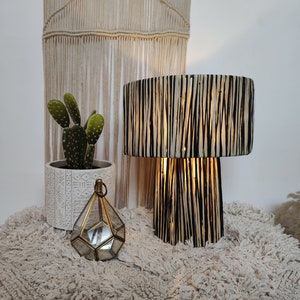 Raffia Table Lamp Black Stripes Moroccan Nightstand Cylindrical