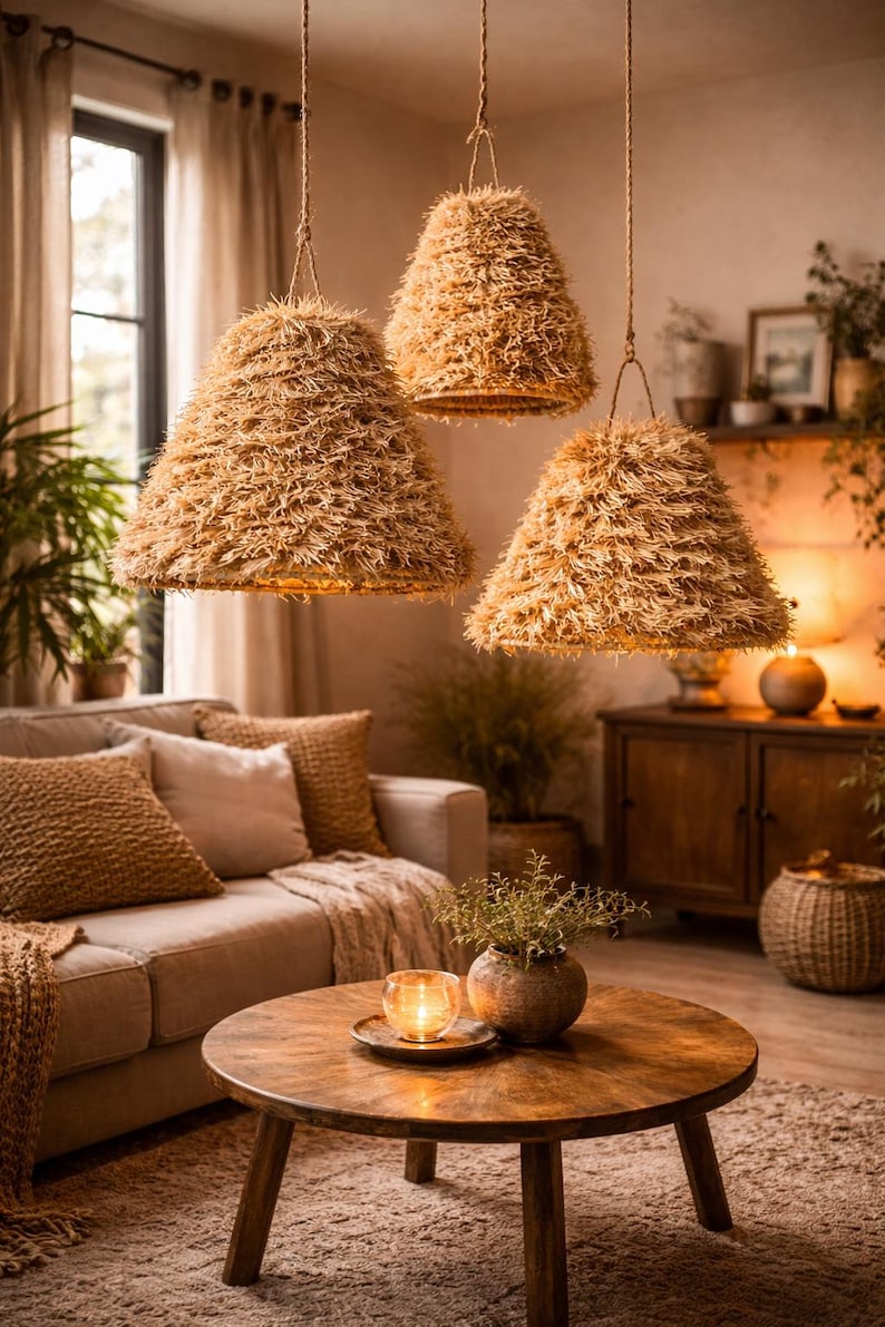 May include: Three pendant lights with conical shades made of a textured, light brown material hang from the ceiling. The room features a neutral color palette with a sofa, coffee table, and decorative items.