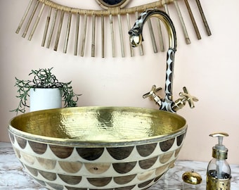 Handmade Brass & Resin Vessel Sink with Matching Faucet: Moroccan-Inspired Bathroom