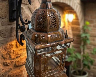 Handcrafted Moroccan Rusted Metal Wall Lantern with Glass Panels - 55cm