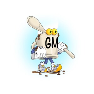 Könnte beinhalten: Eine Cartoon-Tasse mit Glotzaugen und einem Löffel, der auf einem blauen Hintergrund geht. Die Tasse ist braun und weiß mit den Buchstaben "GM" auf der Vorderseite. Die Tasse trägt blaue Schuhe und hat braune Flecken auf ihrem Körper.