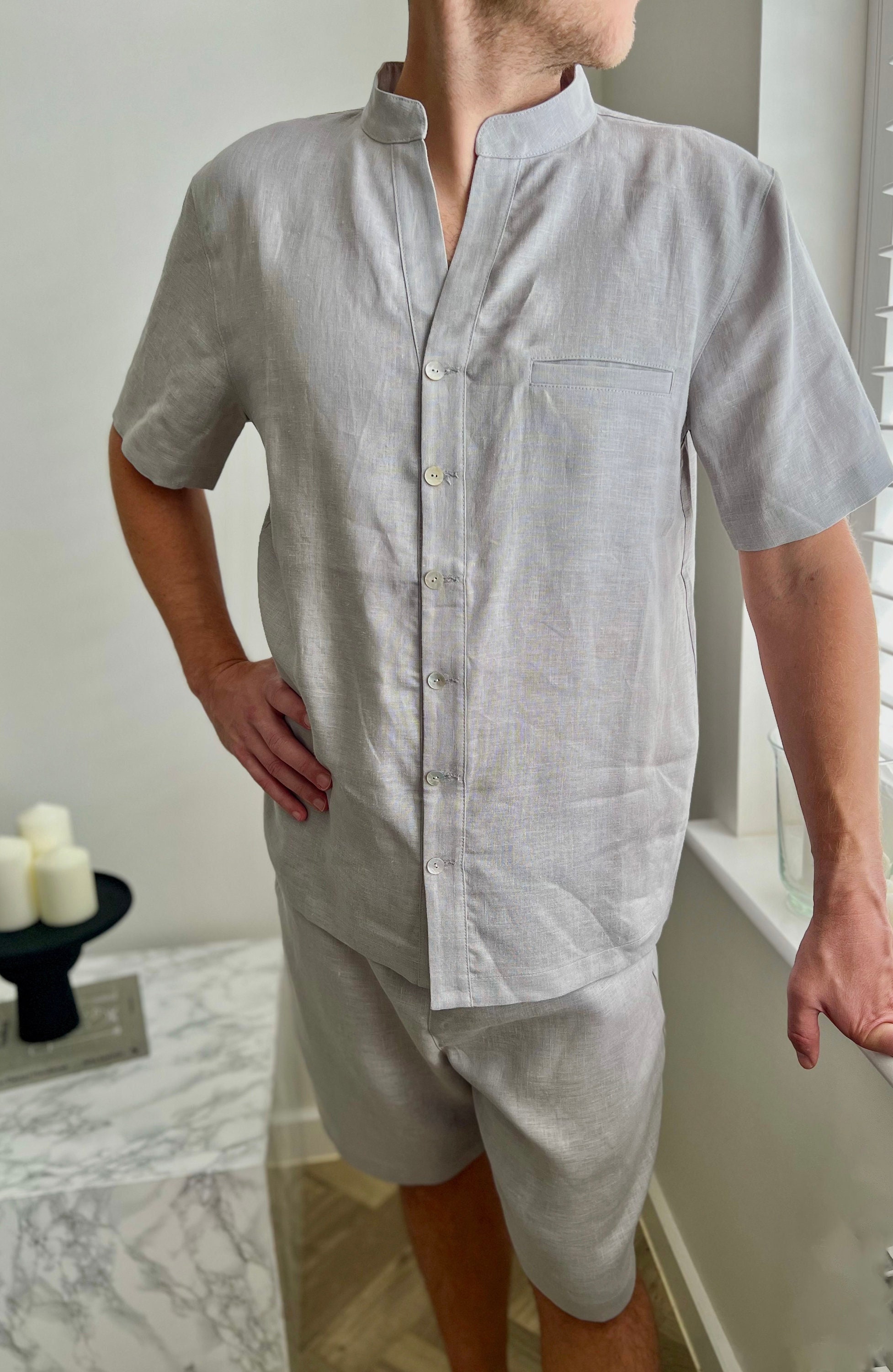 Classic Linen Men's Short-sleeve Shirt and Linen Shorts Pajama Set Men's  Linen Shorts Christmas Gift for Him 