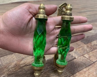 Antique Style 5.5'' Crystal/Cut Green Glass Brass Door Handle 2 Pc Collectible P25