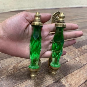 Antique Style 5.5&#39;&#39; Crystal/Cut Green Glass Brass Door Handle 2 Pc Collectible P25