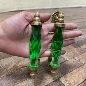 Antique Style 5.5'' Crystal/Cut Green Glass Brass Door Handle 2 Pc Collectible P25