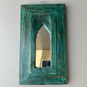 Antique Wooden Hand Painted Wall Hanging Long Blue Mirror Frame Decorative P108