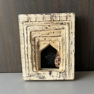 Antique Wooden Hand Painted Wall Hanging Jharokha White Mirror Frame Decorative P103