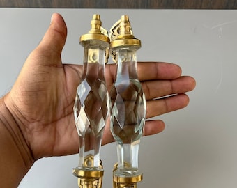 Antique Style 7'' Crystal Cut White Glass Brass Door Handle 2 Pc Collectible P94
