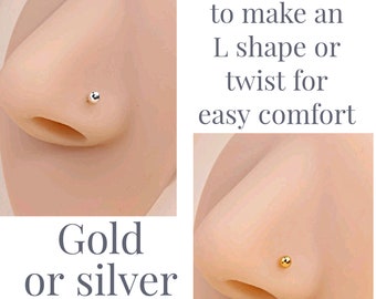 Nose stud 1mm ball, Set of 2,3,4,5 nose piercing, Flexible copper stud, Gold silver nose jewelry, Bendable stud, 1cm post nose stud, Unisex.