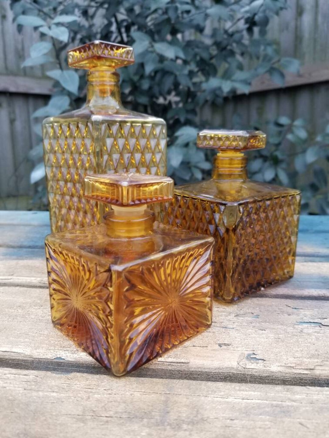 Glass Decanters Golden Color Graduating Height Set of 3 Etsy