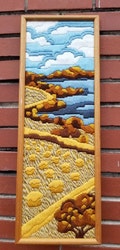 longstitch crewel,  coast/fields needlework art, 1960's-70's