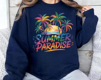 Bluza z okrągłym dekoltem Tropical Sunset, letni raj z nadrukiem palm