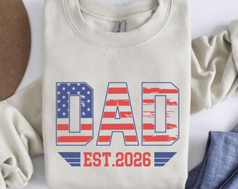 Bluza Patriotic Dad Est 2026, okrągły dekolt z amerykańską flagą