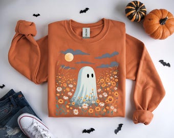 Bluza z motywem kwiatów ducha: zabawna koszulka na Halloween, dziewczęca koszulka na jesień
