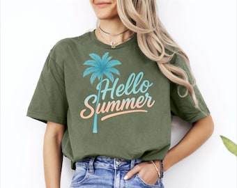 Koszulka Hello Summer, koszulka z nadrukiem Palm Tree, top z tropikalnymi wakacjami, prezent na strój plażowy