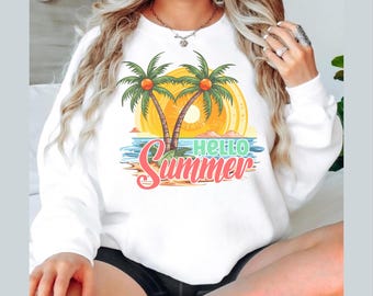 Bluza z nadrukiem „Witaj lato”, bluzka z motywem zachodzącego słońca z palmami, grafika z tropikalną plażą, prezent na wakacje