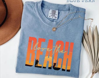 Koszulka z grafiką Love the Beach, retro koszula z motywem zachodu słońca i oceanu