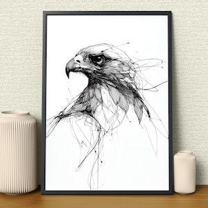 Common buzzard wall art print, black and white bird of prey drawing, British wildlife