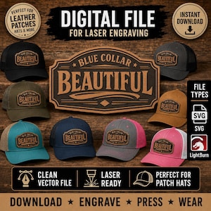 Puede incluir: Un archivo digital para grabado láser con el texto BLUE COLLAR BEAUTIFUL en un marco decorativo. La imagen muestra varias gorras de béisbol con parches de cuero que presentan el mismo diseño, en negro, oliva, verde azulado, marino, gris y rosa.
