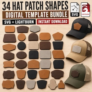 Könnte beinhalten: Ein digitales Vorlagenpaket mit 34 Hut-Patch-Formen in verschiedenen geometrischen Designs und Farben. Der Text lautet 34 HAT PATCH SHAPES DIGITAL TEMPLATE BUNDLE SVG + LIGHTBURN INSTANT DOWNLOAD. Drei Baseballkappen zeigen beispielhafte Patches.