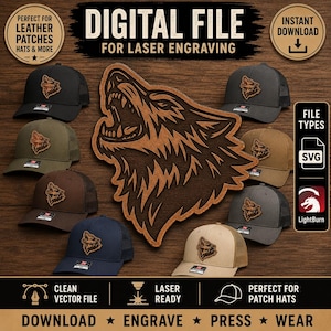 May include: A digital file for laser engraving featuring a howling wolf design. The image displays a large central wolf graphic surrounded by eight baseball caps in various colours, each adorned with a matching leather wolf patch.