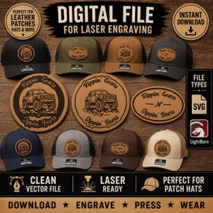 May include: A digital file for laser engraving featuring various hat designs with leather patches. The patches display a graphic of an off-road vehicle and the text Rippin Gears N Sippin Beers. Includes SVG file types for laser ready projects.