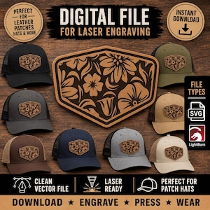 Könnte beinhalten: Eine digitale Datei für Lasergravuren mit einem floralen Aufnäher-Design, das auf verschiedenen Baseballkappen abgebildet ist. Die Grafik enthält ein großes, schildförmiges Blumenmotiv in der Mitte und kleinere Versionen auf den Kappen. Text beinhaltet Digital File, SVG und LightBurn.
