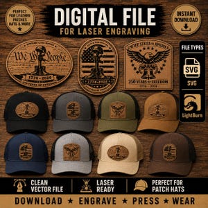 Könnte beinhalten: Eine digitale Dateisammlung für Lasergravuren mit drei ovalen und schildförmigen Designs mit patriotischen Motiven, darunter We The People, amerikanische Flaggen und Adler. Acht Baseballkappen mit Lederaufnähern sind unten abgebildet.
