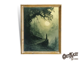 May include: A framed painting of a lone figure standing on a cliff overlooking a misty forest. The figure is silhouetted against a bright moon and a large tree.