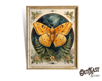 Impressão artística de mariposa e flores, gravura botânica giclée, estilo boho cottagecore.