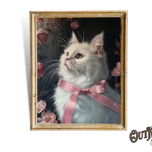 Coquette Cat Wall Print Pink Bow Girly Bedroom Decor Art Coquette Poster Trendy Balletcore Romantic Retro Vintage Aesthetic Teen dorm prints