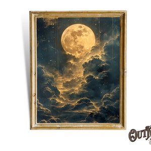 Enchanting Celestial Moon Art Print, Vintage-Inspired, Dark Academia & Dark Cottagecore, Night Sky Painting, Moon Art Print