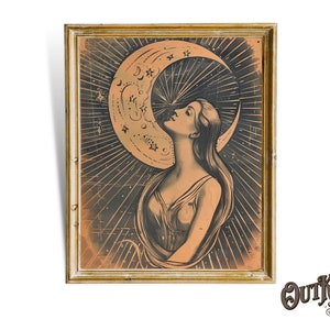 Vintage Göttin, die beim Mond steht, Jugendstil Poster, Halbmond, Vintage Poster, Mondhexe Kunst, Frau und Mond, Mond und Sterne