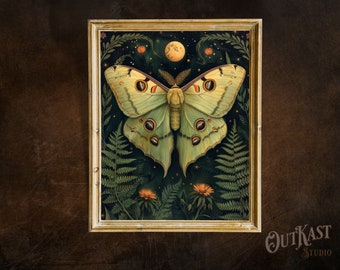 Luna Motte botanische Kunstdruck, Dark Academia Cottagecore Dekor